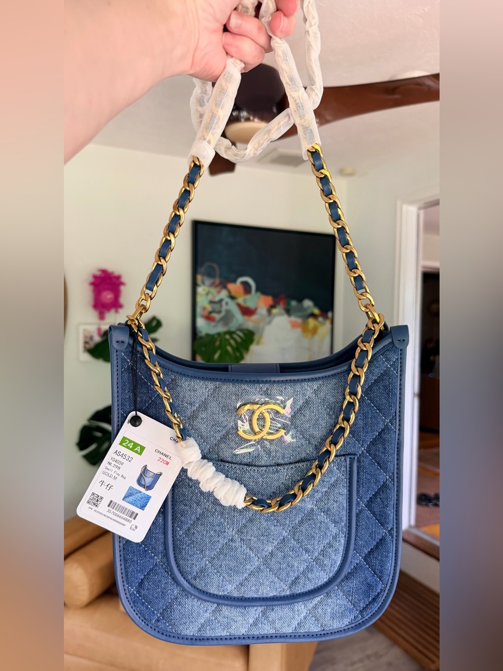 FULL SET NEW Chanel 24S Quilted Washed Denim Small Hobo Bag w Aged Gold Hardware